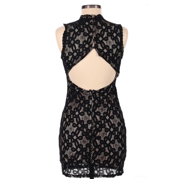 Nude Illusion Mini Dress | Black | Women | M | Open Button-Up Back - Picture 10 of 11
